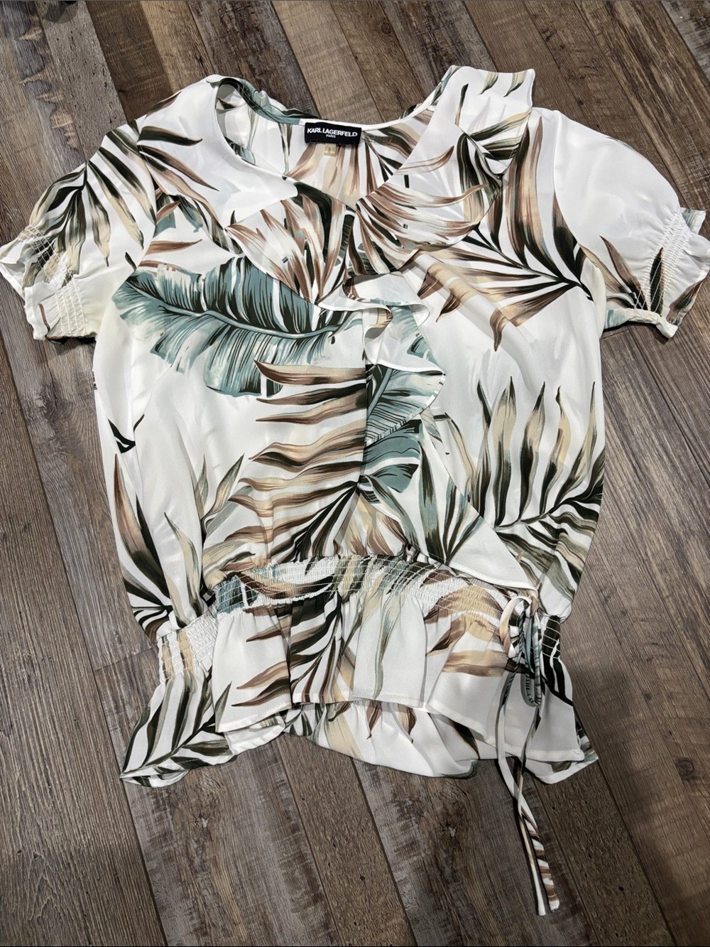 Karl Lagerfeld Cream Tropical Leaf Ruffle Blouse